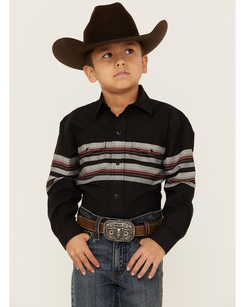 Roper Boys' Black & Wine Border Stripe Long Sleeve Snap Western Shirt , Black, hi-res
