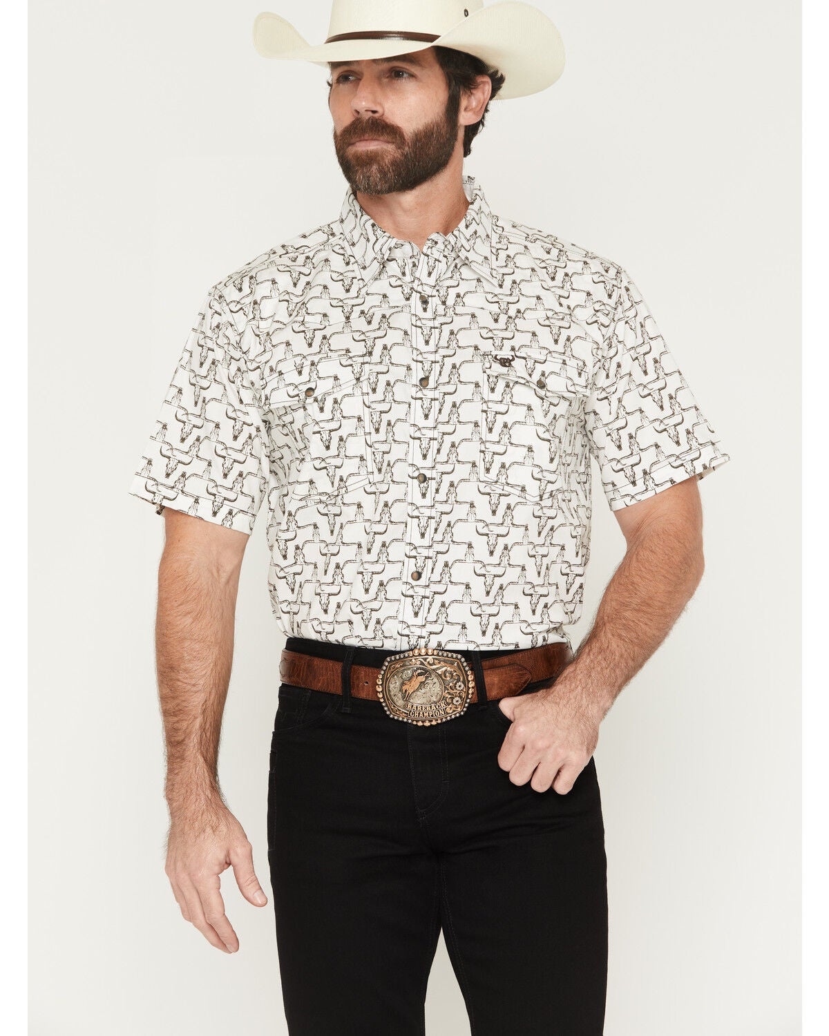 Image #1 - Cowboy Hardware Men's Hombre Skull Print Short Sleeve Snap Stretch Western Shirt, White, hi-res