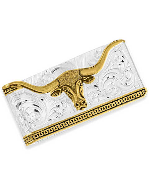 Montana Silversmiths Two-Tone Carved Longhorn Money Clip, Silver, hi-res