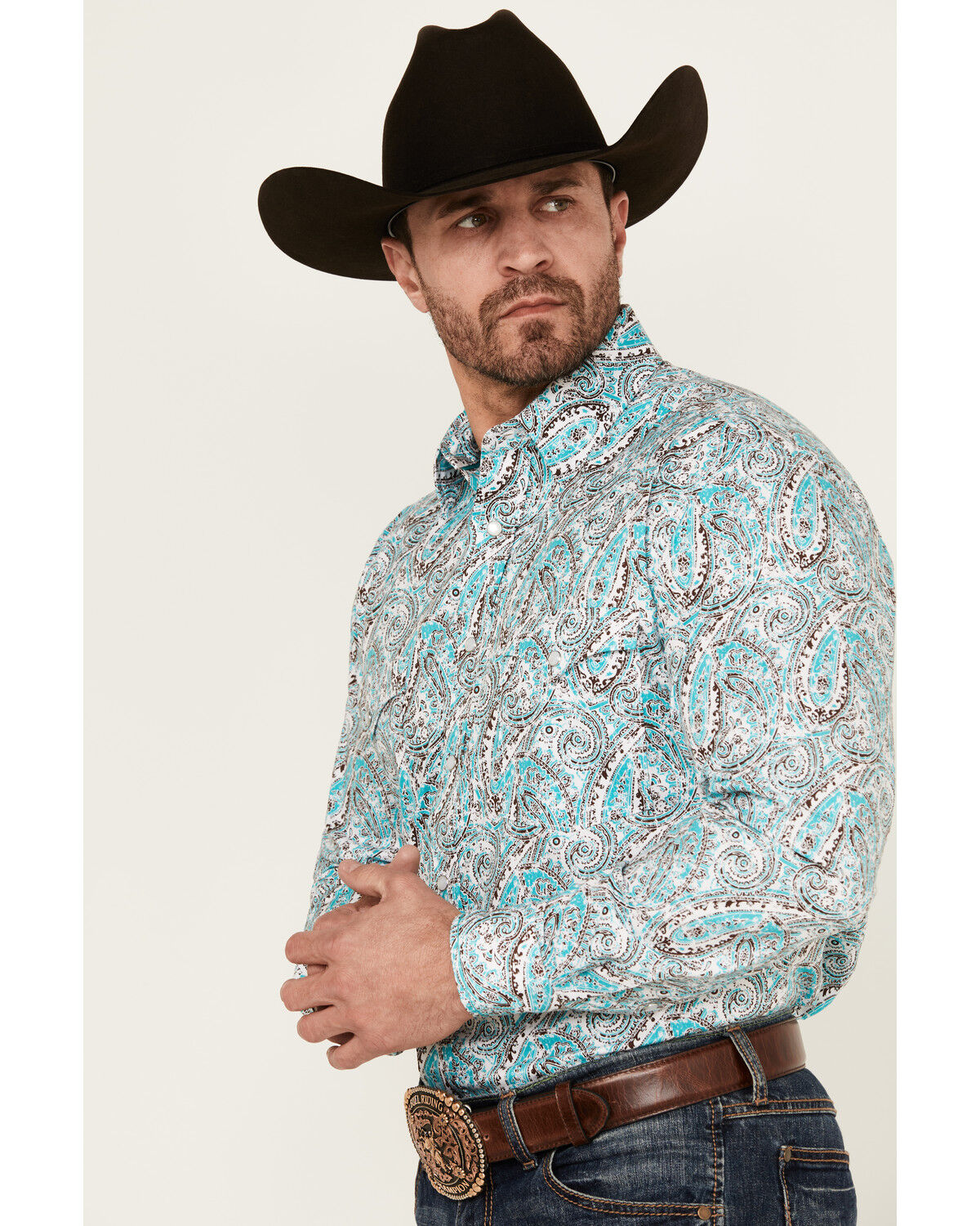 Image #2 - Rough Stock by Panhandle Men's Paisley Print Long Sleeve Pearl Snap Stretch Western Shirt, Turquoise, hi-res