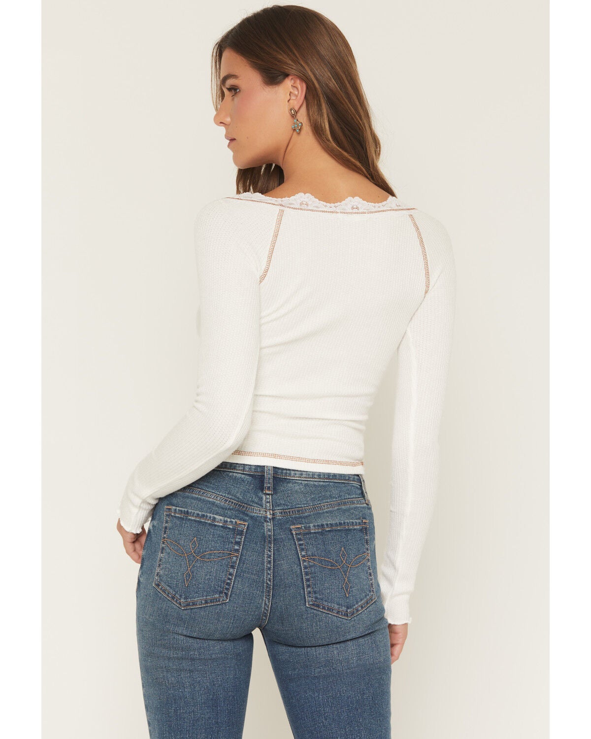 Image #4 - Wild Moss Women's Contrast Stitch Lace Long Sleeve Top, Cream, hi-res