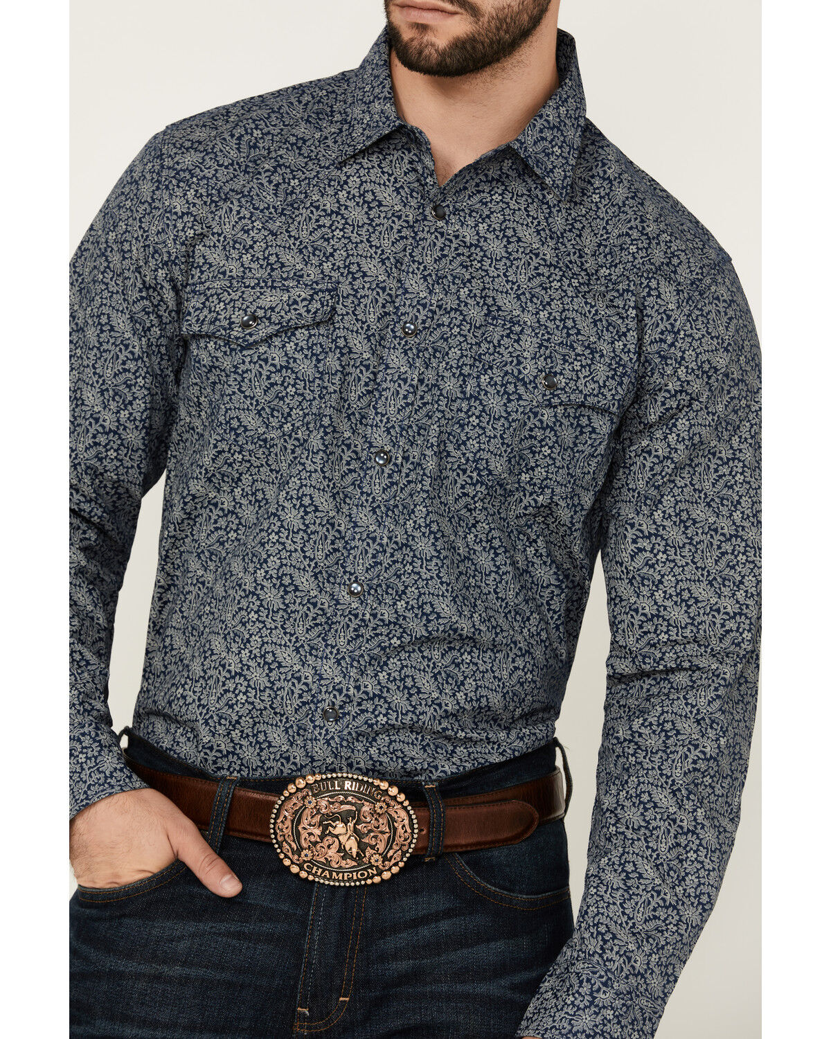 Image #3 - Cody James Men's Grande Floral Print Long Sleeve Pearl Snap Western Shirt, Navy, hi-res