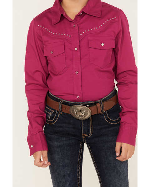 Image #3 - Shyanne Girls' Rhinestone Long Sleeve Western Button-Down Shirt, Fuscia, hi-res