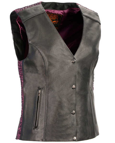 Image #1 - Milwaukee Leather Women's Phoenix Stud Embroidered Snap Front Vest - 5X, Black/purple, hi-res