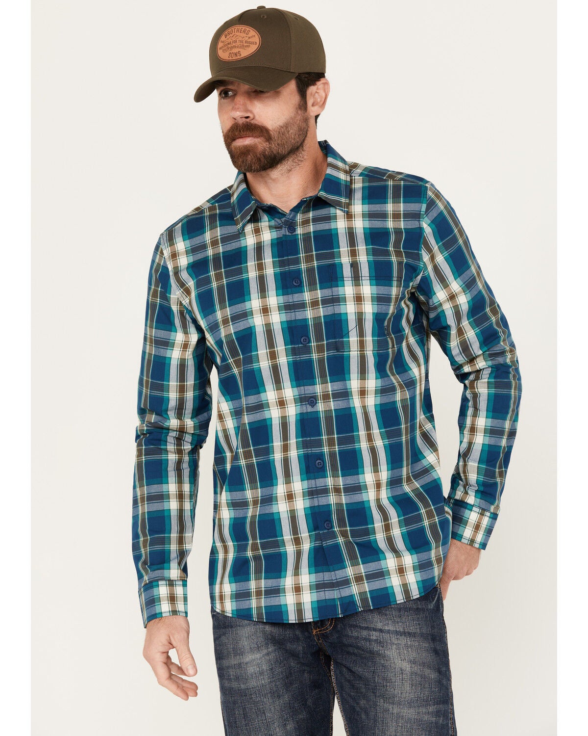 Brothers and Sons Men's Aransas Plaid Print Long Sleeve Button Down Western Shirt, Hunter Green, hi-res
