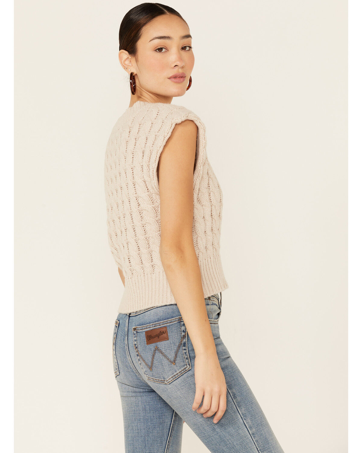 Image #3 - Very J Women's Oatmeal Cable Knit Cropped Sweater Vest, , hi-res