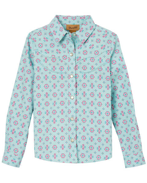 Wrangler Girls' Geo Print Long Sleeve Pearl Snap Western Shirt , Turquoise, hi-res