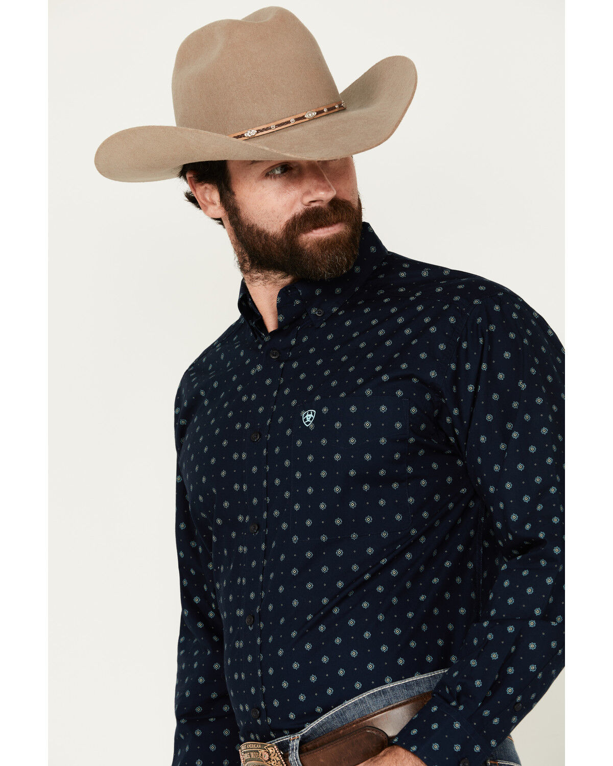 Image #2 - Ariat Men's Percy Geo Print Long Sleeve Button-Down Western Shirt, Dark Blue, hi-res