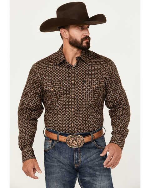 Image #1 - Cinch Men's Southwestern Geo Print Long Sleeve Snap Shirt, Dark Brown, hi-res