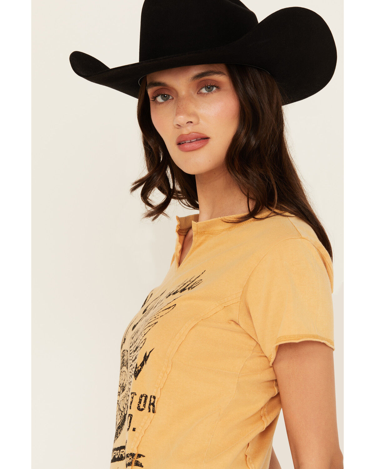 Image #2 - Cleo + Wolf Women's Baby Full Throttle Short Sleeve Cropped Graphic Tee, Dark Yellow, hi-res