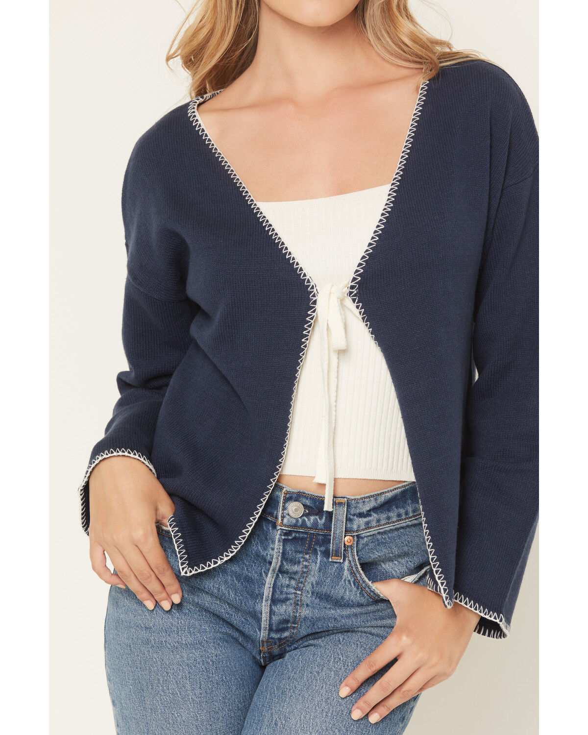 Image #3 - Originality Women's Whip Stitch Tie Front Sweater, Blue, hi-res