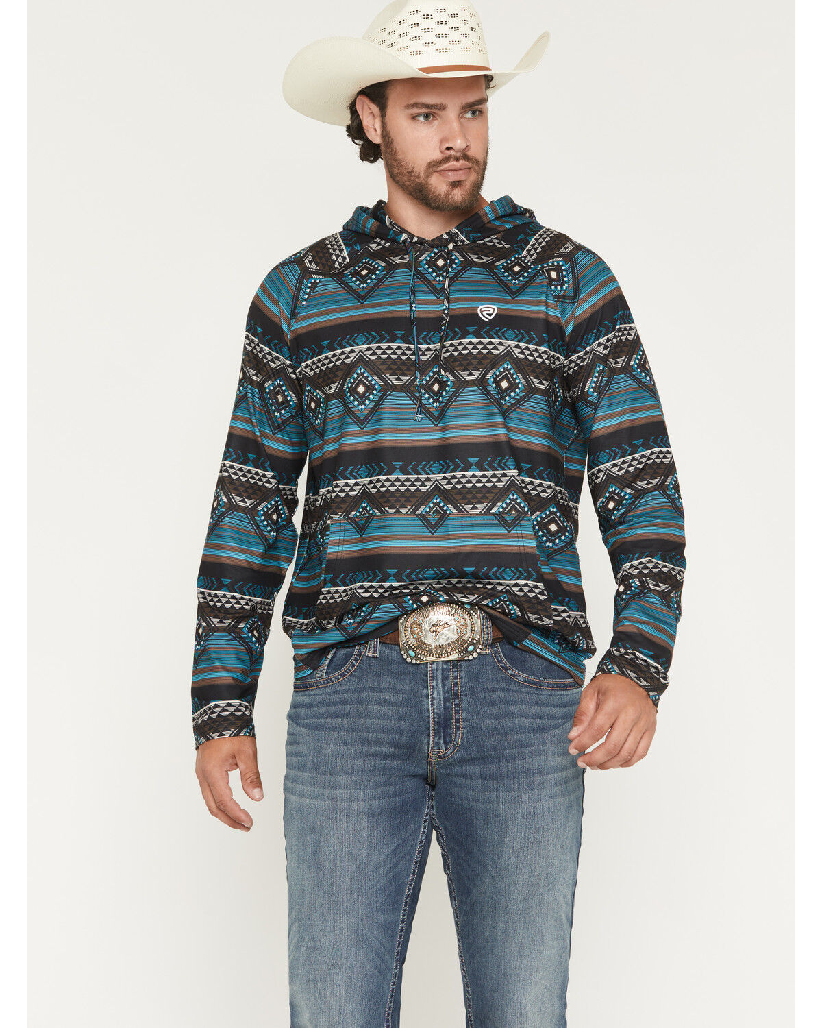 Image #1 - Rock & Roll Denim Men's Southwestern Striped Print Stretch Hooded Sweatshirt, Teal, hi-res