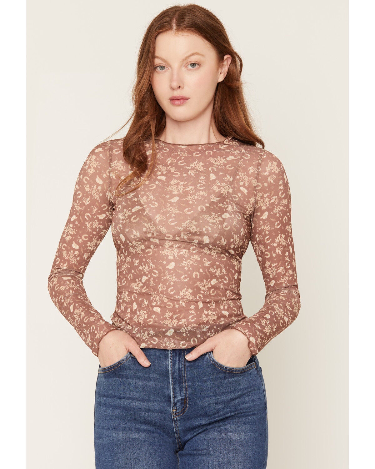 Image #1 - Trixxi Women's Scattered Icon Print Long Sleeve Mesh Top, Brown, hi-res