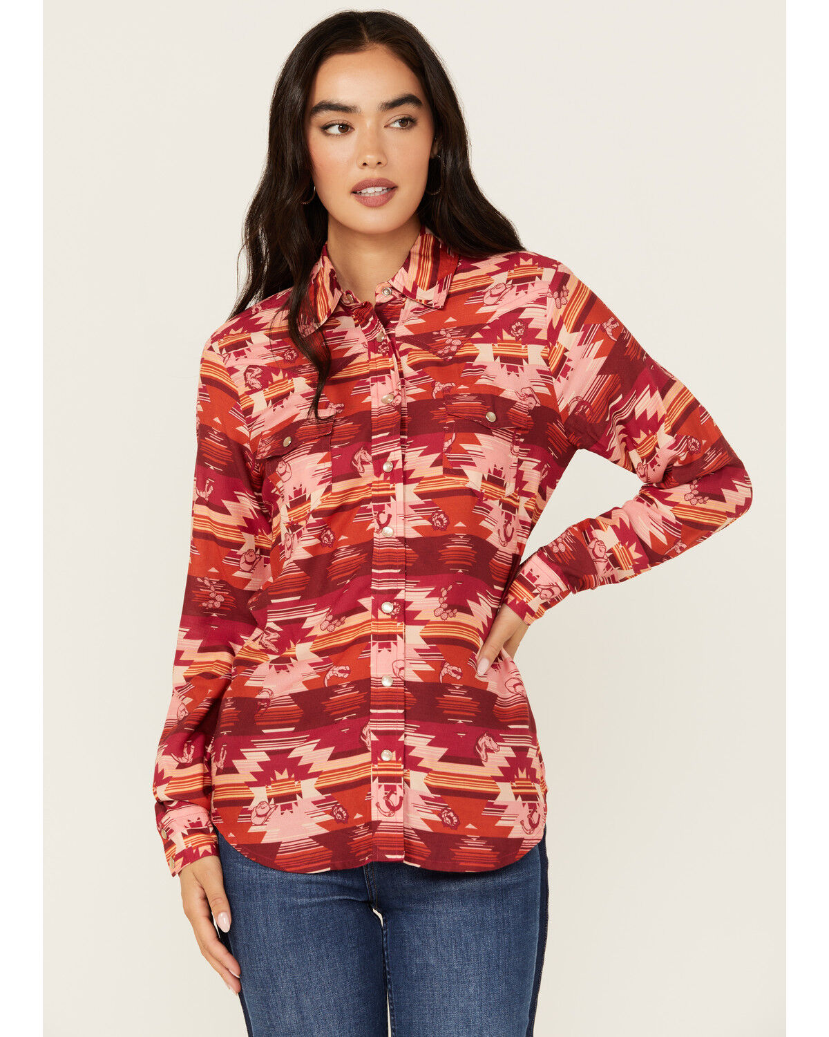 Image #1 - Roper Women's Southwestern Print Long Sleeve Pearl Snap Blouse, Red, hi-res