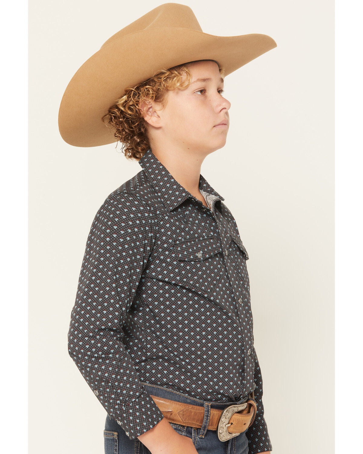 Image #2 - Gibson Trading Co Boys' Moonflower Geo Print Long Sleeve Snap Western Shirt, Black, hi-res