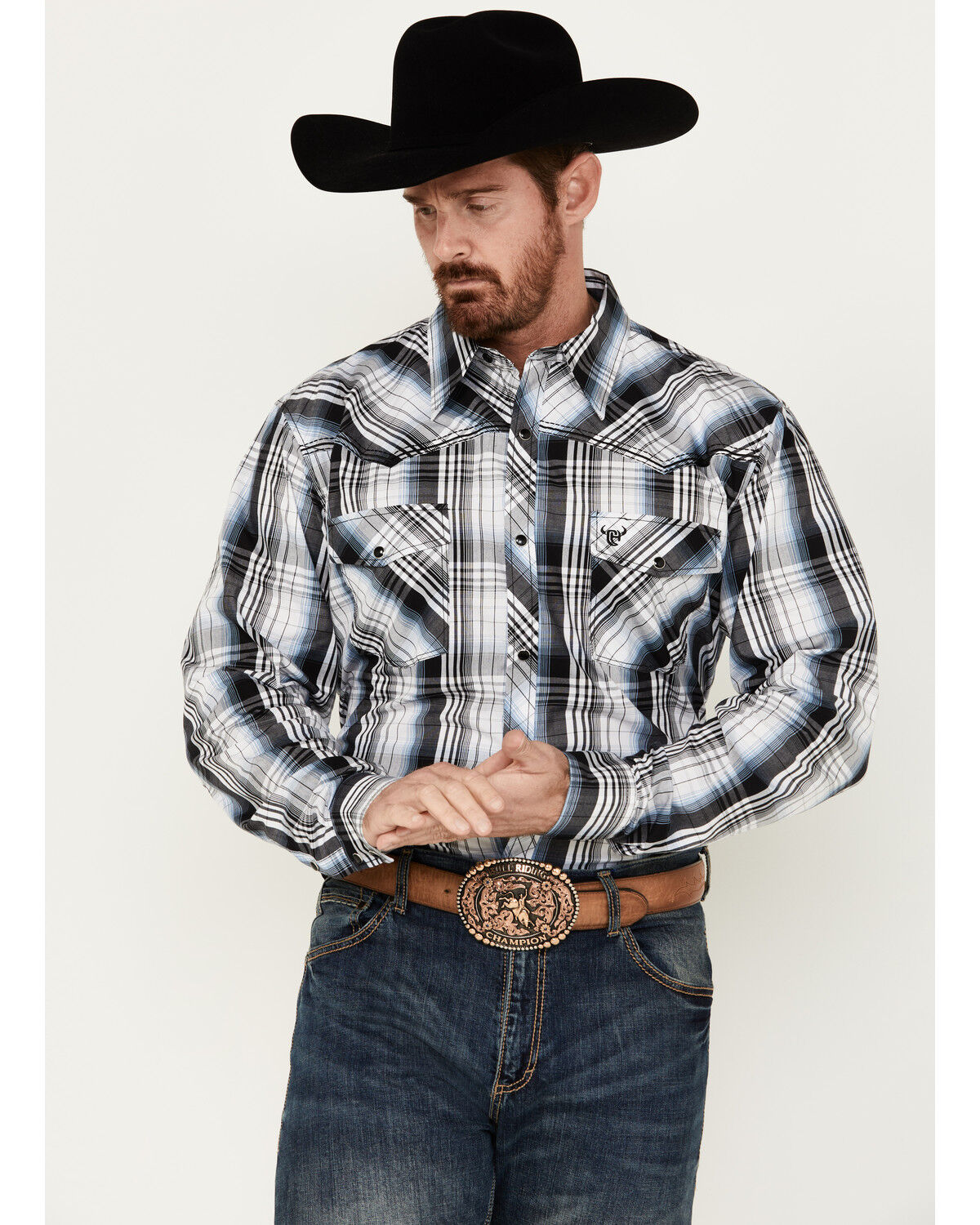 Image #1 - Cowboy Hardware Men's Hermosillo Plaid Print Long Sleeve Snap Western Shirt, Black, hi-res