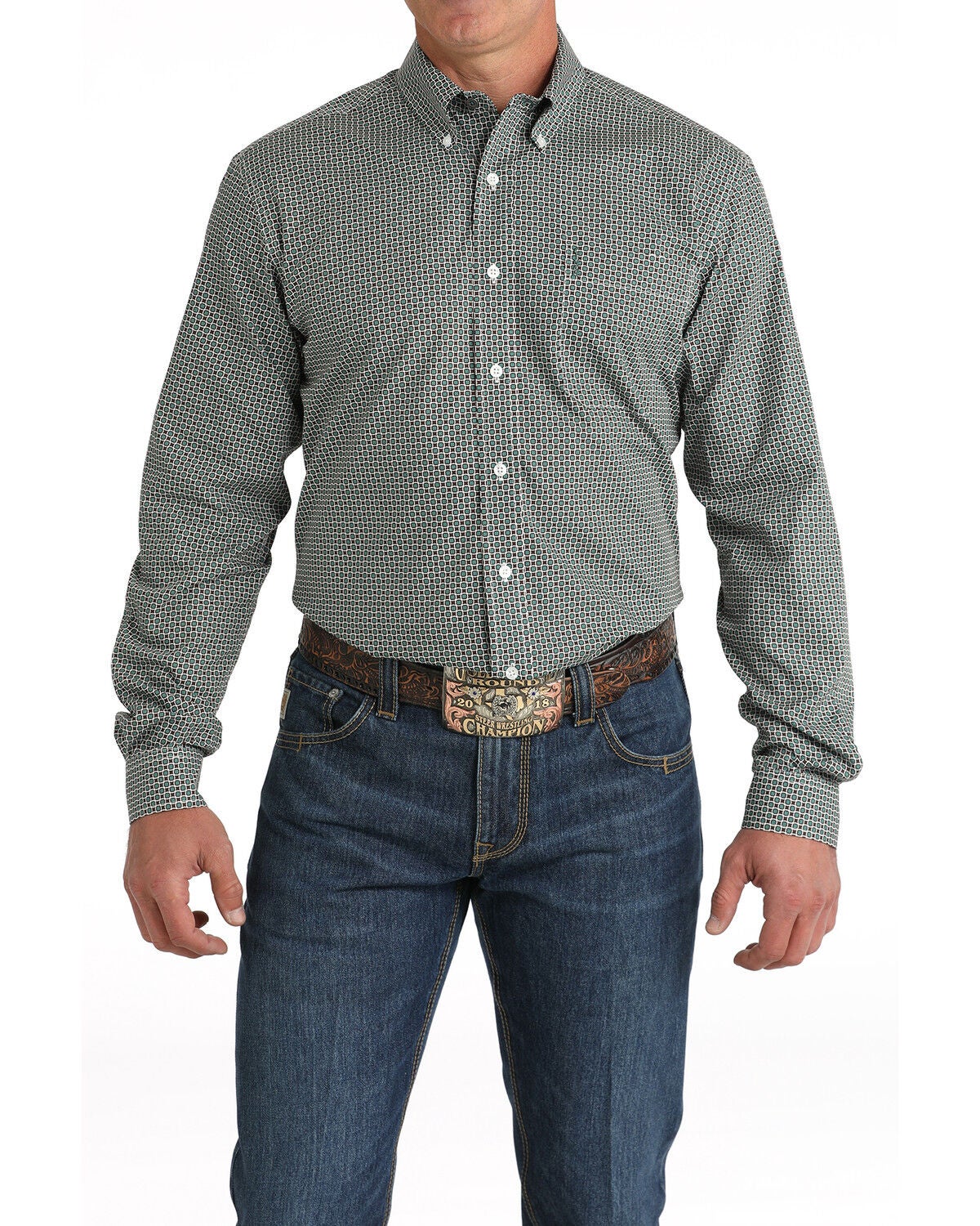Image #1 - Cinch Men's Geo Print Long Sleeve Button-Down Western Shirt, Teal, hi-res