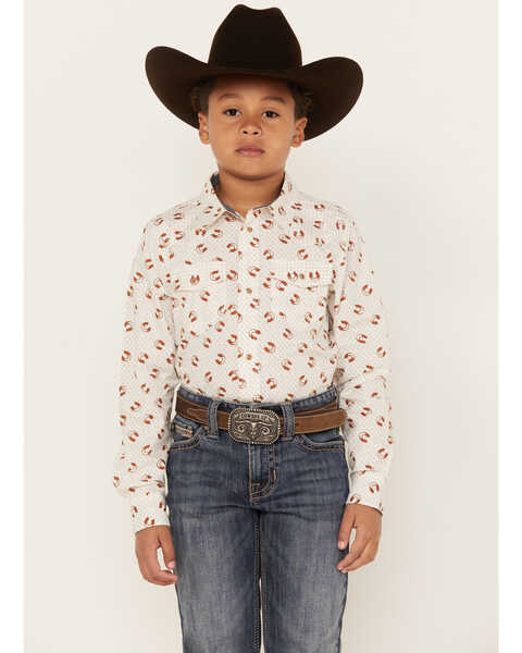 Image #1 - Cody James Boys' Horse Shoe Print Long Sleeve Western Snap Shirt, Caramel, hi-res