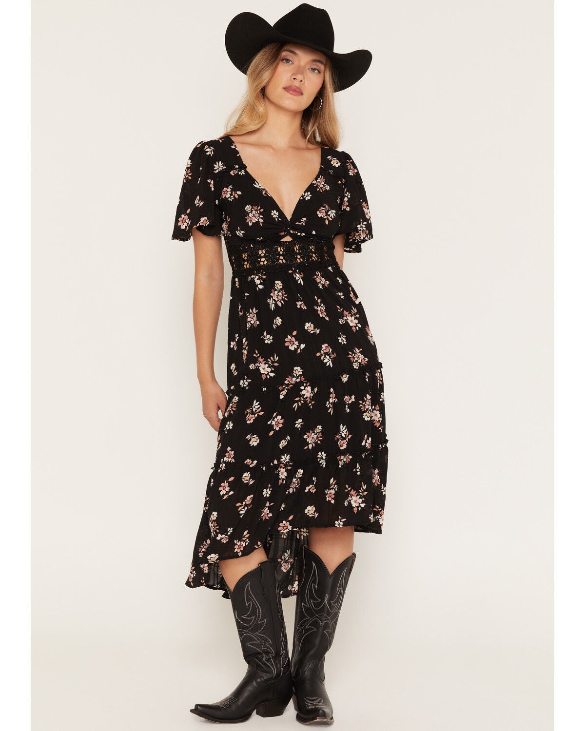 Wild Moss Women's Floral Print High-Low Dress, Black, hi-res