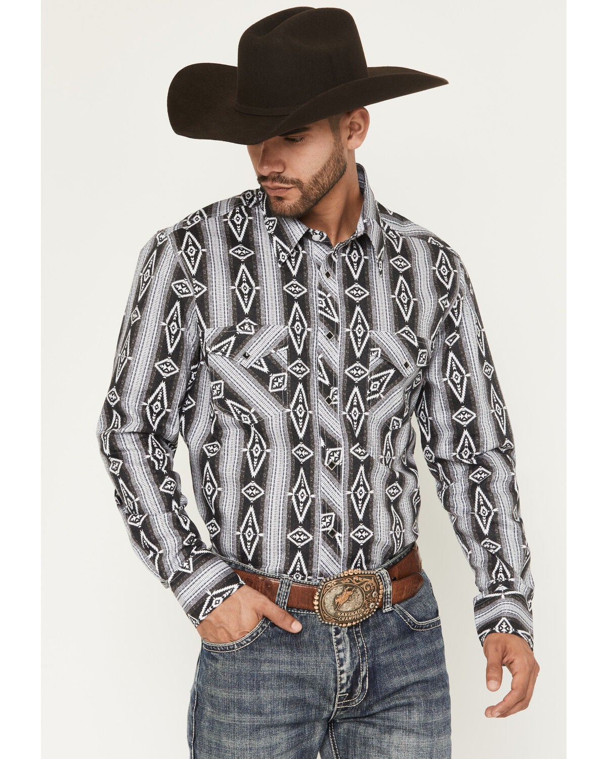 Rock & Roll Denim Men's Southwestern Print Long Snap Stretch Western Shirt, Black, hi-res