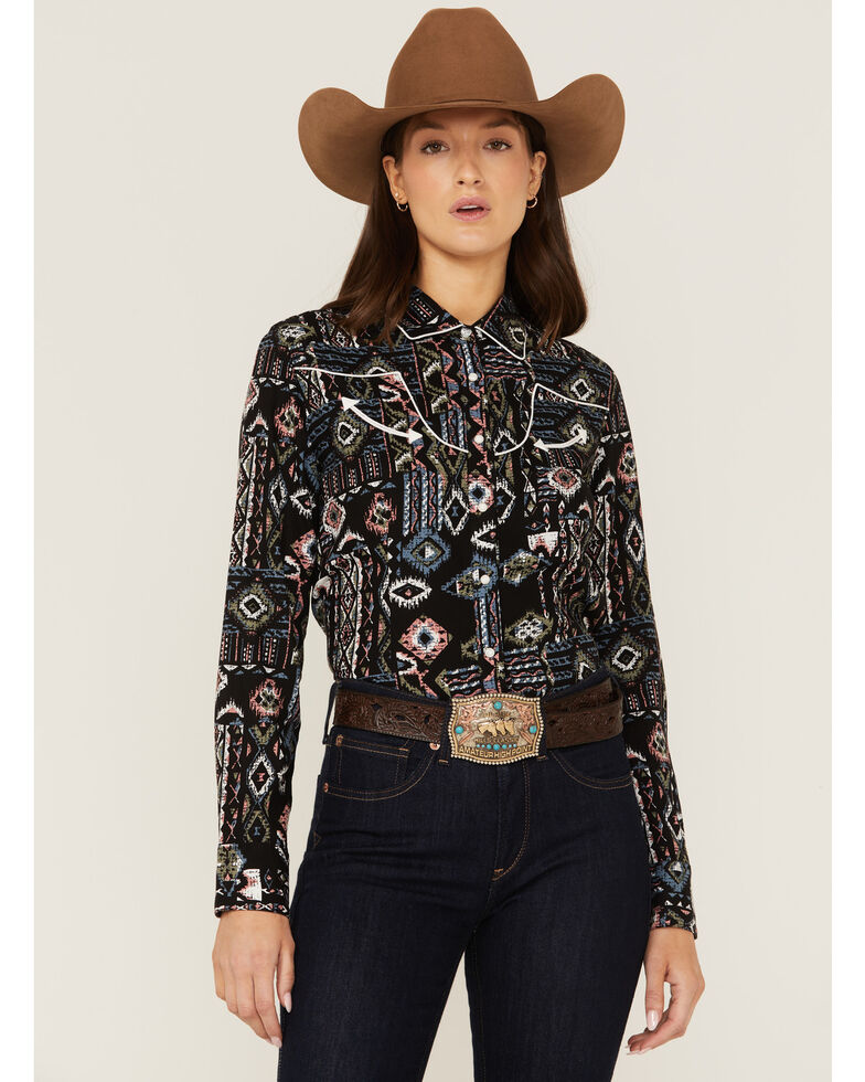 Panhandle Women's Southwestern Print Western Snap Shirt, Black, hi-res