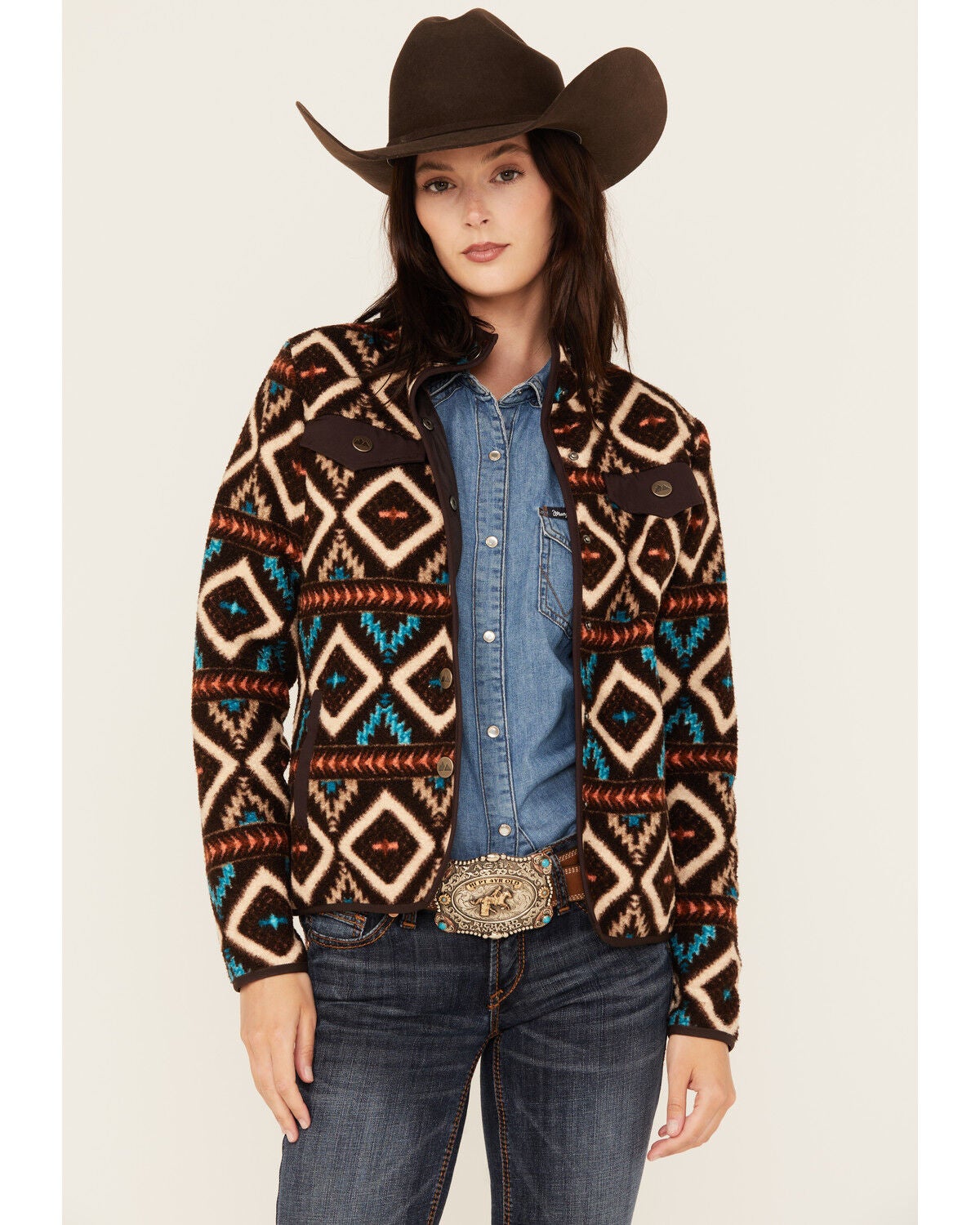 Powder River Outfitters Women's Southwestern Print Berber Jacket , Brown