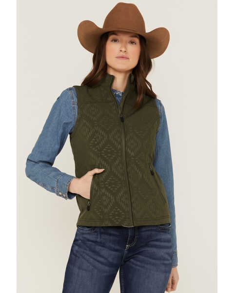 Image #2 - RANK 45® Women's Southwestern Print Softshell Riding Vest, Olive, hi-res