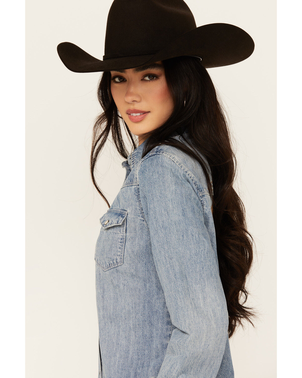 Image #2 - Stetson Women's Medium Wash Embroidered Cowboy Long Sleeve Pearl Snap Denim Shirt, Blue, hi-res