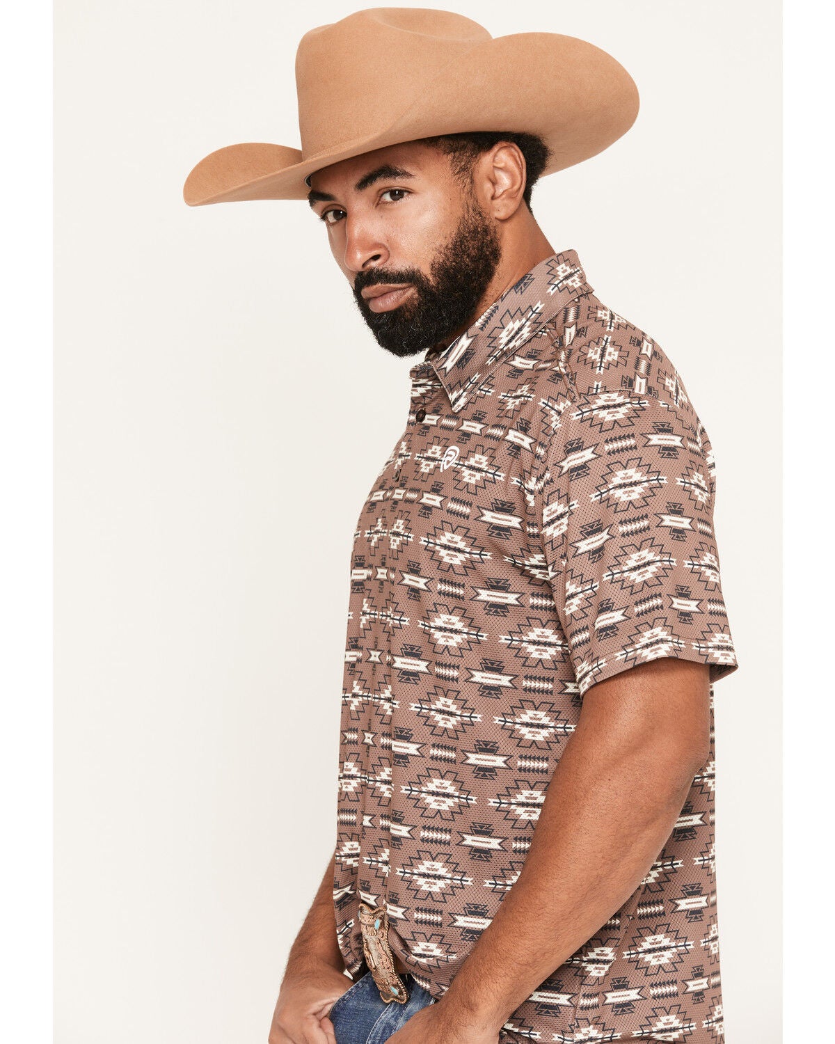 Image #2 - Rock & Roll Denim Men's Southwestern Print Short Sleeve Button-Down Stretch Polo, Brown, hi-res