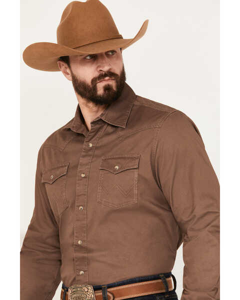 Image #2 - Wrangler Retro Men's Premium Solid Long Sleeve Snap Western Shirt, Brown, hi-res