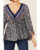 Angie Women's Paisley Print Lace Neck Long Bell Sleeve Top, Navy, hi-res