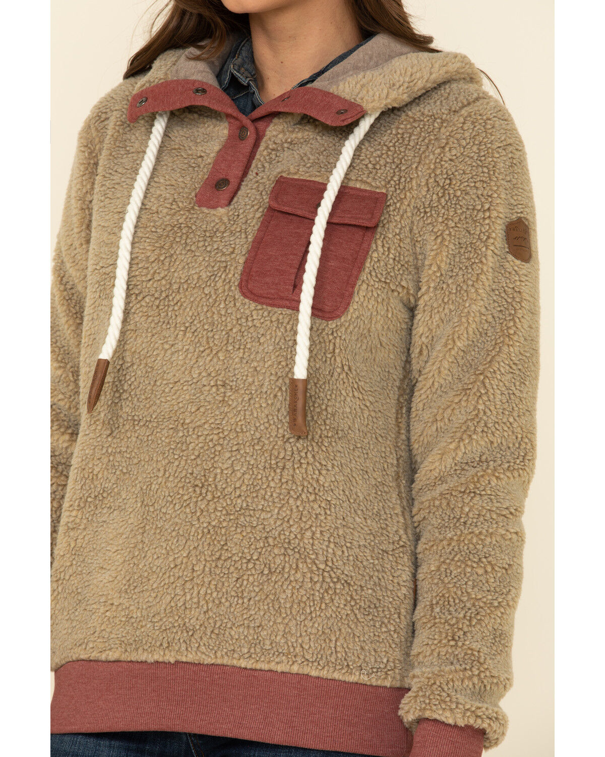 Image #3 - Wanakome Women's Fay Snap Neck Sherpa Hooded Pullover, Tan, hi-res