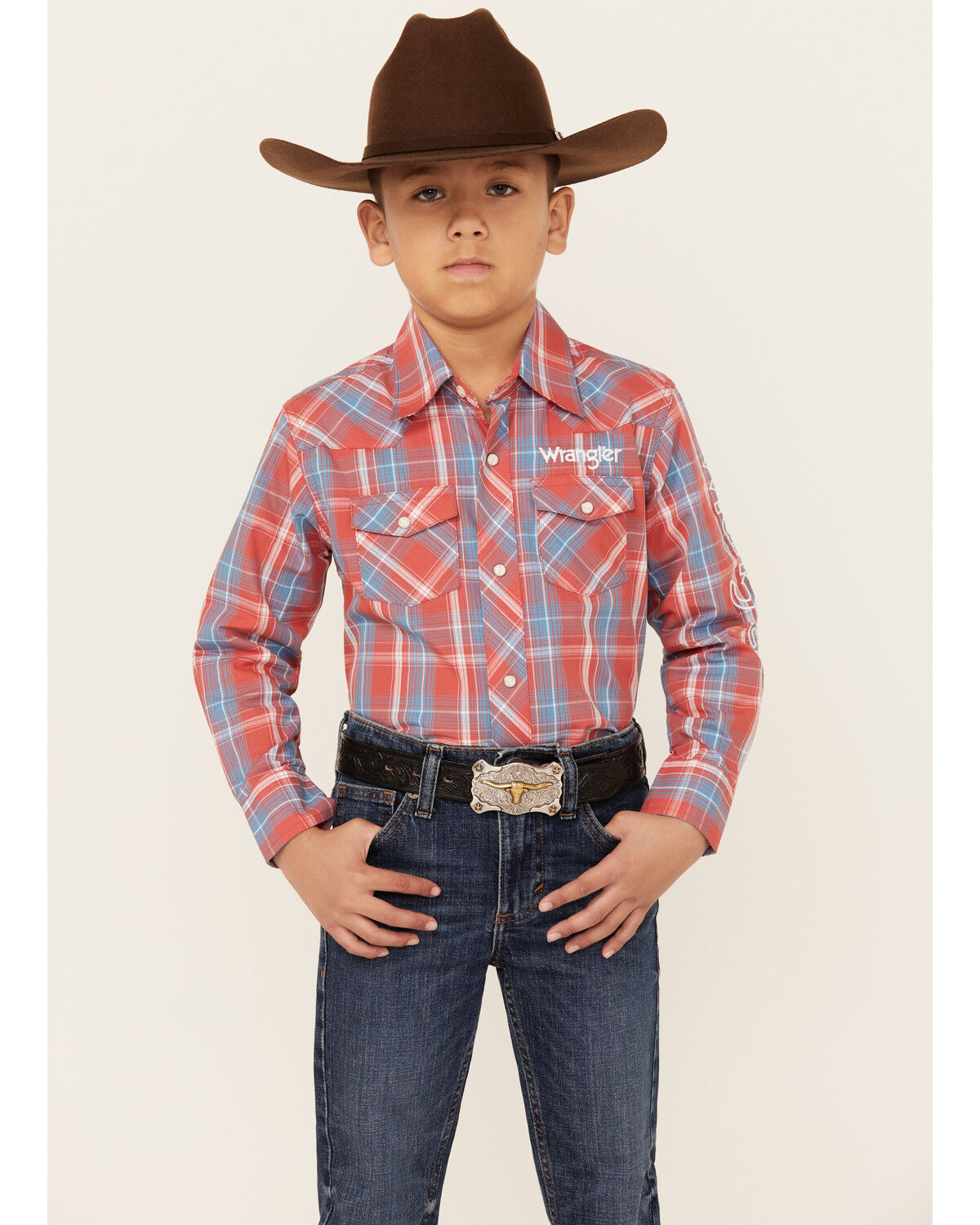 Image #1 - Wrangler Boys' Logo Plaid Print Long Sleeve Snap Western Shirt, Red, hi-res