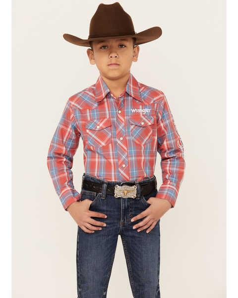 Image #1 - Wrangler Boys' Logo Plaid Print Long Sleeve Snap Western Shirt , Red, hi-res