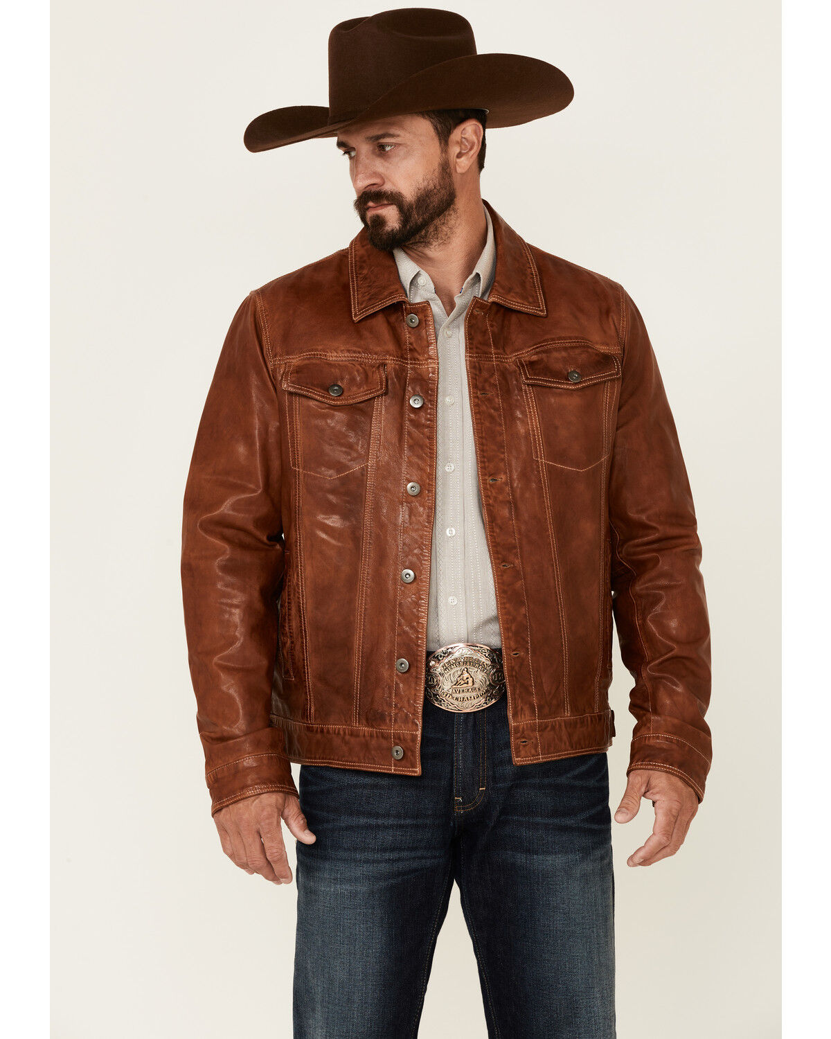 Image #1 - Scully Men's Tan Leather Button-Front Trucker Jacket, Tan, hi-res