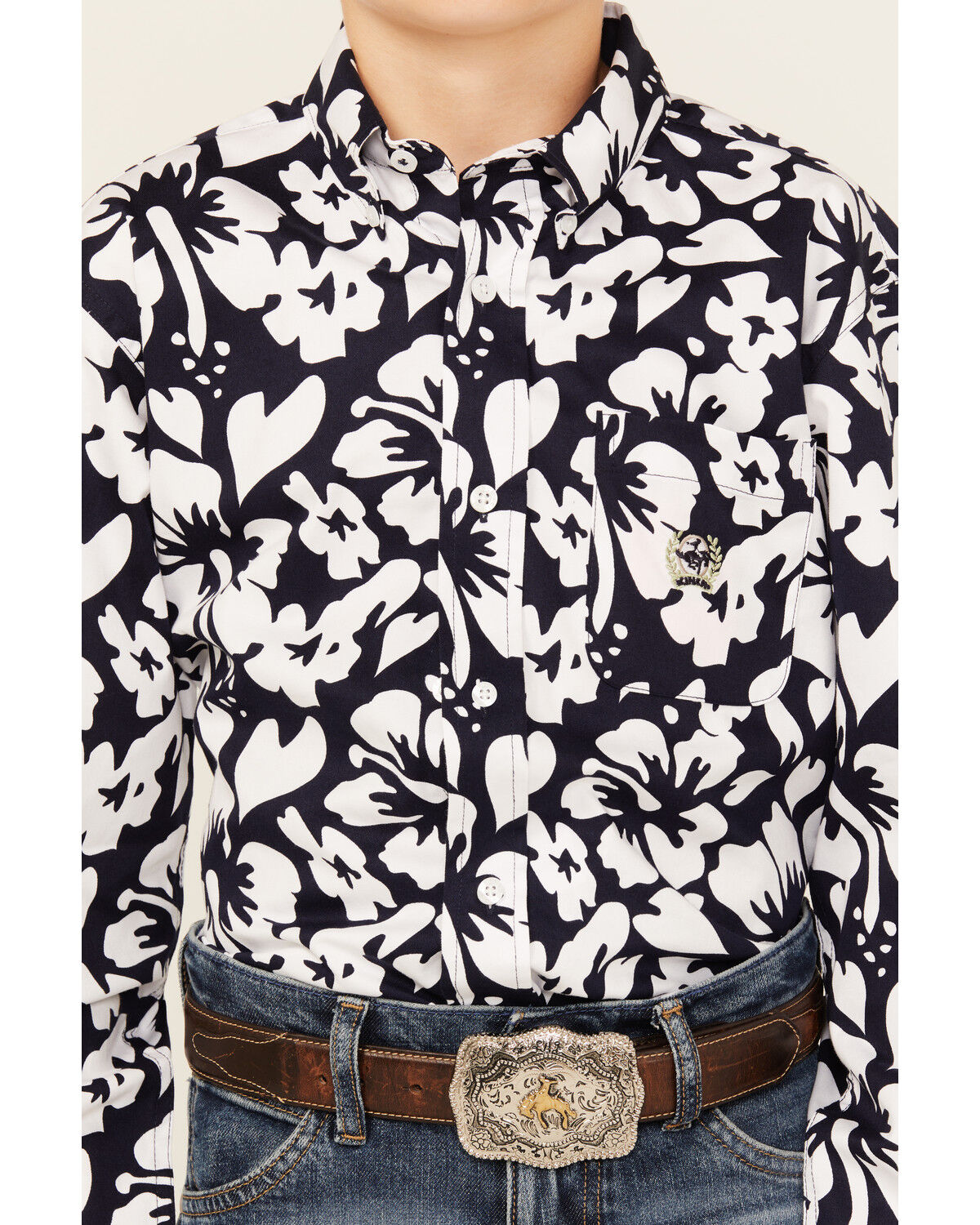 Image #3 - Cinch Boys' Floral Print Long Sleeve Button-Down Western Shirt, Navy, hi-res