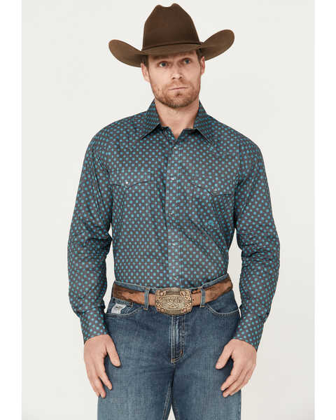 Image #1 - Roper Men's Amarillo Geo Print Long Sleeve Pearl Snap Western Shirt, Dark Grey, hi-res
