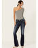 Image #3 - Miss Me Women's Dark Wash Mid Rise Feather Pocket Bootcut Stretch Denim Jeans , Dark Wash, hi-res
