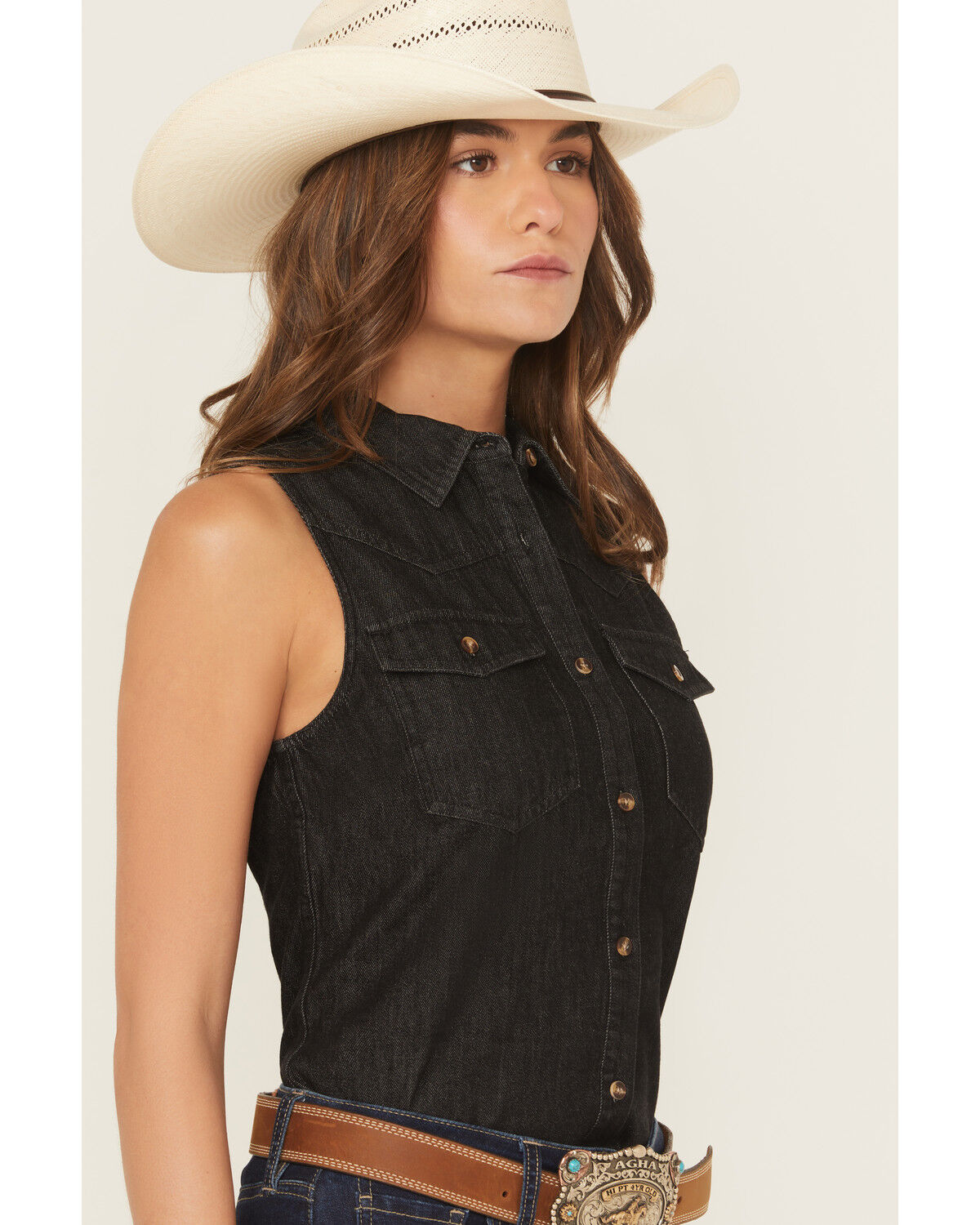 Image #2 - Shyanne Women's Chambray Sleeveless Button-Down Western Shirt, Black, hi-res
