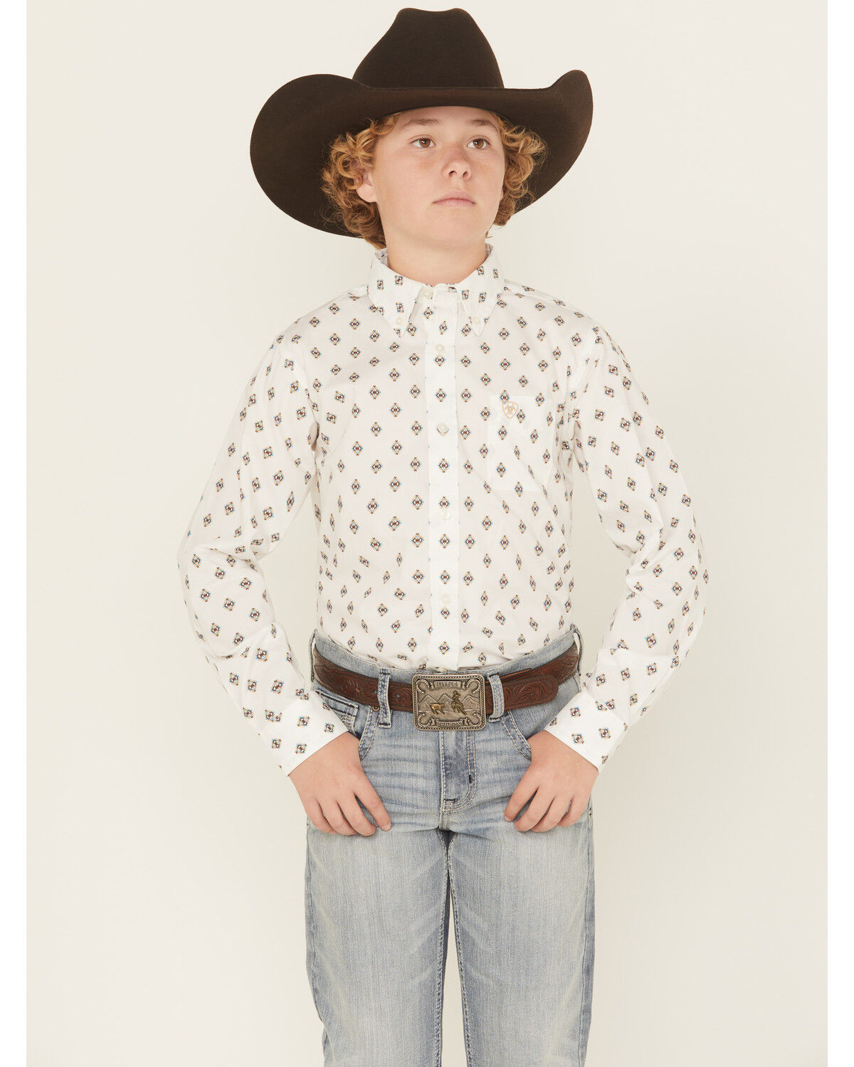 Image #1 - Ariat Boys' Classic Geo Print Long Sleeve Button-Down Western Shirt, White, hi-res