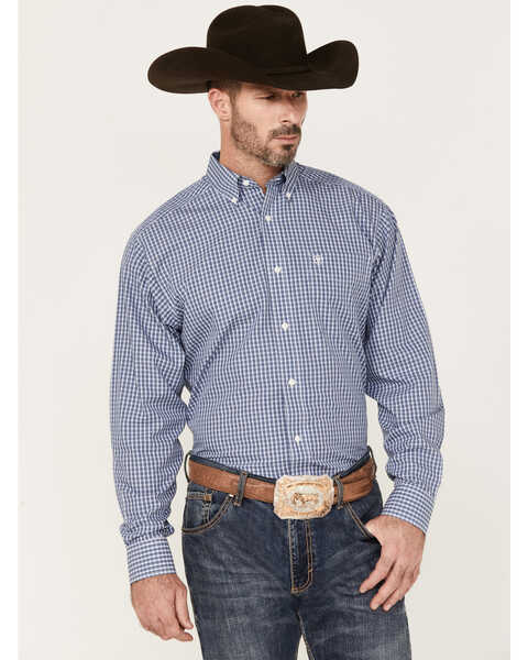Image #1 - Ariat Men's Wrinkle Free Ellison Fitted Long Sleeve Button Down Western Shirt, Navy, hi-res