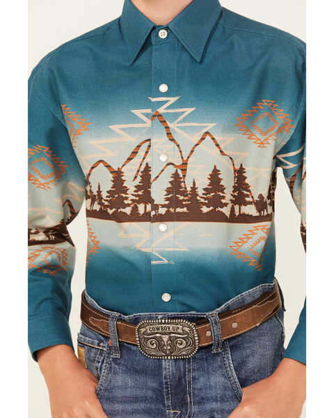 Image #3 - Panhandle Boys' Southwestern Mountain Border Long Sleeve Pearl Snap Western Shirt, Turquoise, hi-res