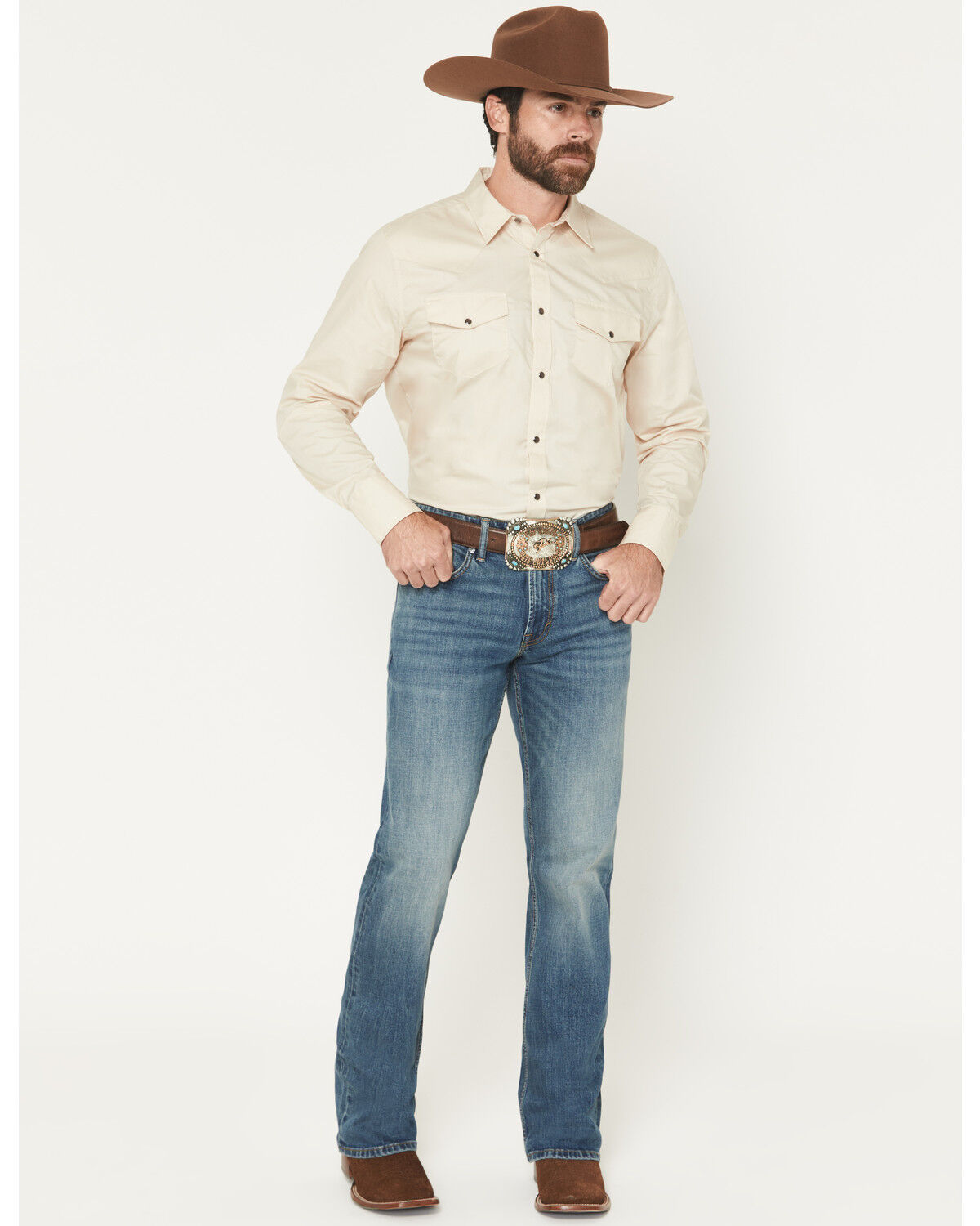 Image #1 - RANK 45® Men's Roughstock Roadrunner Wash Brock Relaxed Bootcut Performance Stretch Denim Jeans, Medium Wash, hi-res