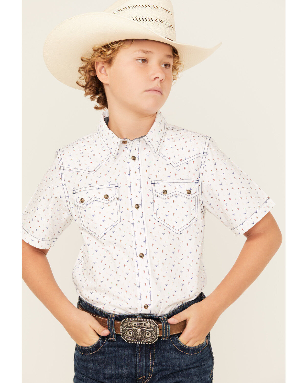 Image #1 - Cody James Boys' Bull Cactus Print Short Sleeve Snap Western Shirt, White, hi-res