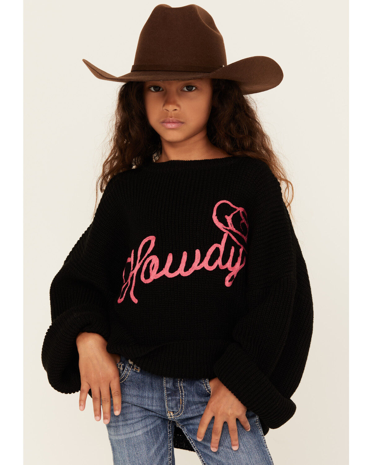 Image #1 - Rock & Roll Denim Girls' Howdy Sweater, Black, hi-res