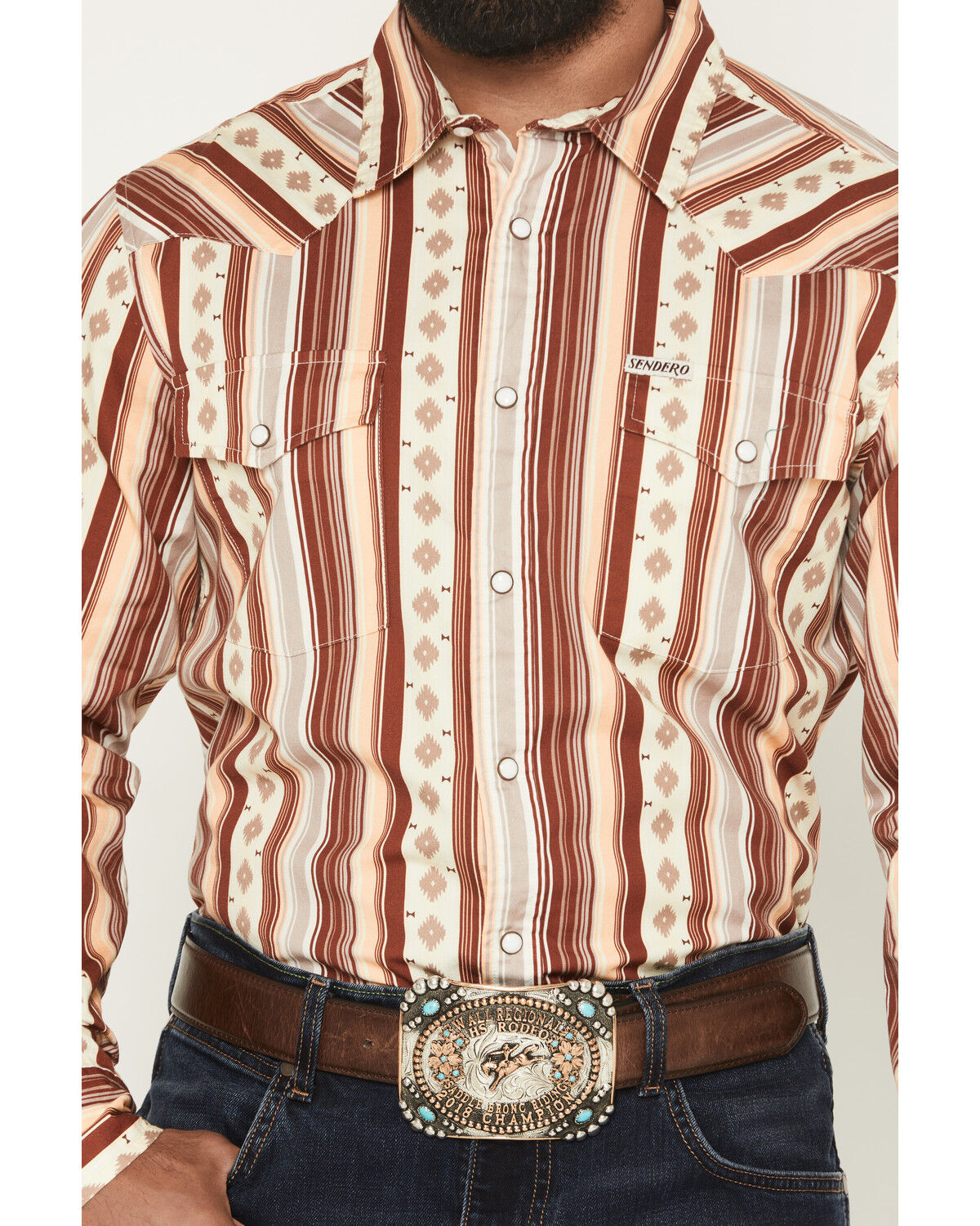 Image #3 - Sendero Provisions Men's Wyatt Southwestern Stripe Print Long Sleeve Snap Western Shirt, Maroon, hi-res