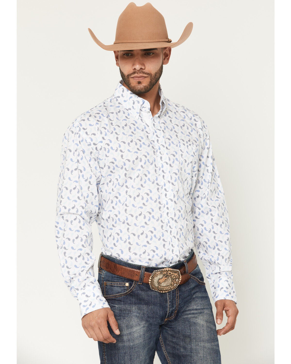 George Strait by Wrangler Men's Paisley Print Long Sleeve Button-Down Stretch Western Shirt - Big, White, hi-res