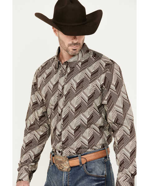 Image #2 - RANK 45® Men's Altonwon Striped Geo Print Long Sleeve Button-Down Western Shirt, Coffee, hi-res