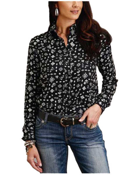 Image #1 - Stetson Women's Southwestern Print Long Sleeve Snap Western Shirt, Black, hi-res