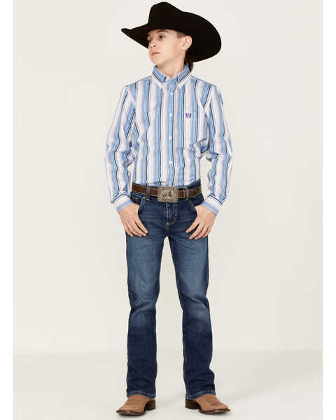 Image #2 - Panhandle Boys' Striped Long Sleeve Button-Down Western Shirt, Light Blue, hi-res